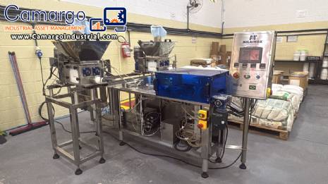 Extruder, filling and dosing machine with flow pack packaging machine, Milainox model year 2024.